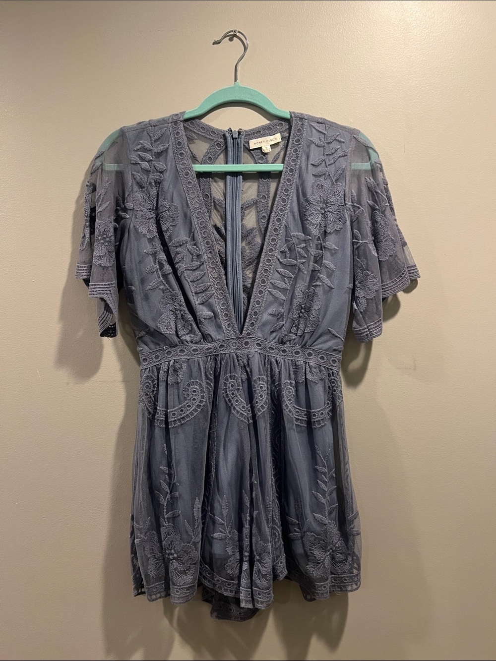Honey Punch Dusty Blue Crochet Romper